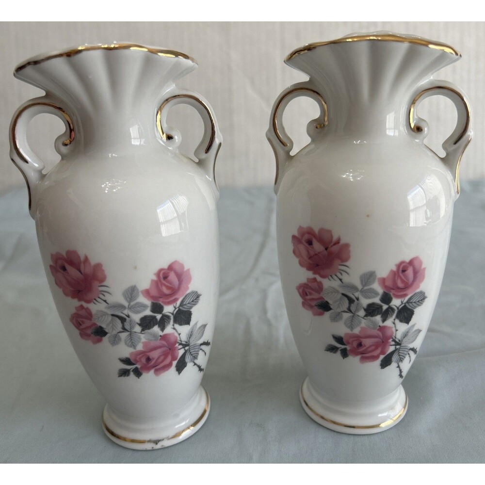 Vintage Moss Rose Porcelain Bud Vases Pair, Made in Japan